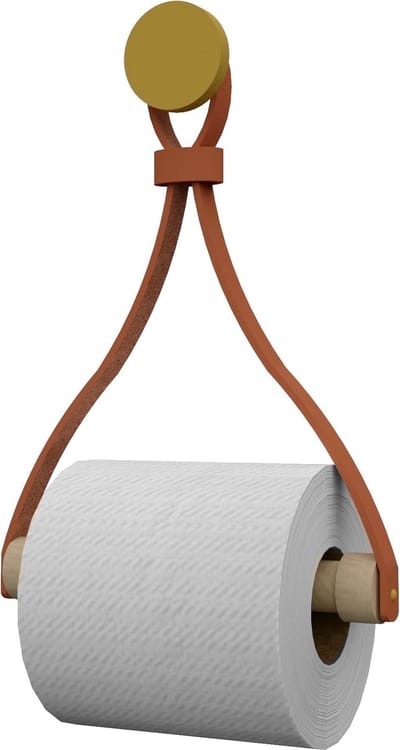 Leren toiletrolhouder 'Triangle' - met Zuignap én schroef - Handles and more® | COGNAC - roldrager: Rondhout - knop: Goud