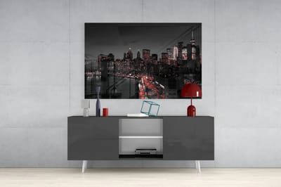 Glasschilderij - New York Skyline - Nacht - 72x46 cm