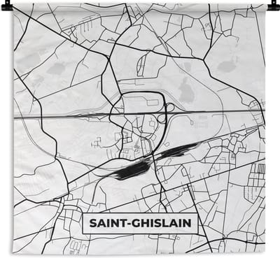 Wandkleed - Wanddoek - Stadskaart – Plattegrond – België – Zwart Wit – Saint Ghislain – Kaart - 180x180 cm - Wandtapijt