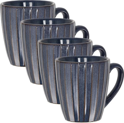 Koffiekopjes Set van 4 – Donkerblauwe Geribbelde Mokken 200ml met Oor – Keramische en Aardewerk Koffiemokken – Theemokken en Cappuccino Kopjes – Ribbel Design Verticaal Reliëf