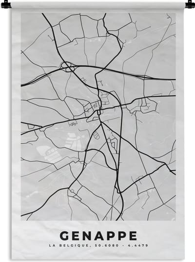 Wandkleed - Wanddoek - Stadskaart – Plattegrond – België – Zwart Wit – Genappe – Kaart - 120x180 cm - Wandtapijt