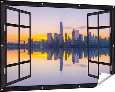 Gards Tuinposter Doorkijk New York Skyline bij Zonsopgang - 150x100 cm - Tuindoek - Tuindecoratie - Wanddecoratie buiten - Tuinschilderij