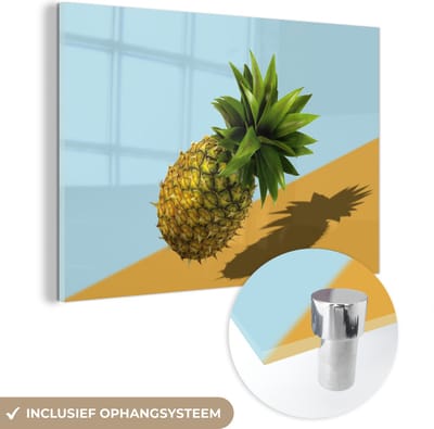 ® Glasschilderij 180x120 cm - Schilderij acrylglas - Ananas - Schaduw - Blauw - Geel - Foto op glas - Muurdecoratie woonkamer - Wanddecoratie slaapkamer - Schilderijen