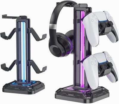 RGB Hoofdtelefoonstandaard met 9 Verlichtingsmodi - Swivel Hoofdtelefoonhouder en Afneembare Controllerhaak voor PC en Gaming Accessoires