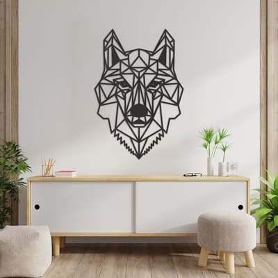 Geometrische Wanddecoratie Wolf - Geometrische Muurdecoratie Wolf - Geometrische Wolf - Muurdecoratie Hout - Wanddecoratie Hout - Muurdecoratie Woonkamer - Wanddecoratie Woonkamer - Wanddecoratie Industrieel - Wanddecoratie Dieren - 86.5 x 59 cm