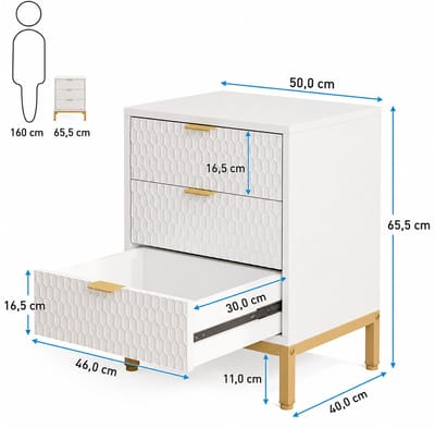 uJOY Nachtkastje met 3 lades - Wit - Gouden accenten - Voor de slaapkamer - Luxe en moderne uitstraling - Eenvoudige montage