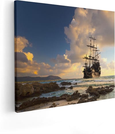 Artaza Canvas Schilderij Zeilschip - 50x40 cm - Wanddecoratie Zonsondergang - Muurdecoratie Strand Zee - Kamer Accessoires Woonkamer
