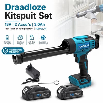 Accu Kitpistool / Lijmpistool – Draadloos – 18V 3000mAh (2 accu's + lader) – Met paperclip – Voor siliconen, acrylaat, pur, kit – Perfect voor badkamer, keuken, bouw & hobby