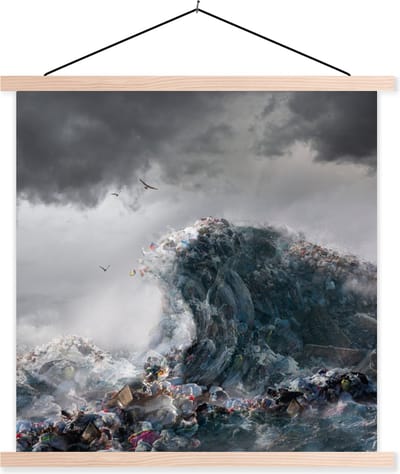 Posterhanger incl. Poster 60x60 cm - Schoolplaat - Zee - Golf - Afval - Textielposter - Blanke latten