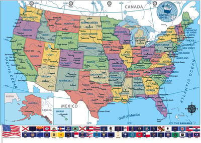 Amerika kaart poster - USA - VS - Educatief - Vlaggen - 50 x 70 cm
