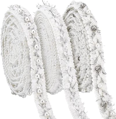 9 Yards 3 Stijlen Gevlochten Kantlinten met Parels, 5/8" Breed Witte Parels Versiering, Polyester Kant Trim voor Kostuum, DIY Knutselen en Bruidsmode