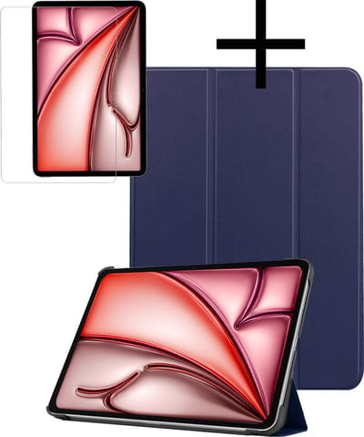 Hoes - Geschikt voor Apple iPad Air (2024/2025/2026) - 11 inch - Met Screenprotector - Trifold Bookcase - Hard Cover - Hardcover Book Case - Tablet Hoesje - Donkerblauw