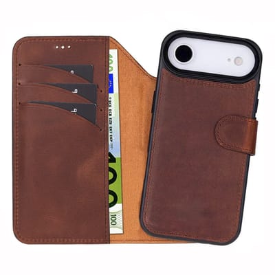 Pulledro geschikt voor iPhone Air Uitneembare MagSafe lederen Bookcase - Echt leer · Handgemaakt · Standfunctie - Antic Coffee