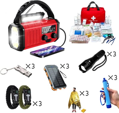 DreamGoods XL Noodpakket voor Thuis - 3 Personen - Compleet Overlevingspakket bij Oorlog, Rampen & Stroomuitval - Noodradio Solar Opwindbaar en Batterij - 72 uur Survival Kit, Armband, Waterfilter, Nooddeken, Noodfluitje - Kamperen & Outdoor - Gezin