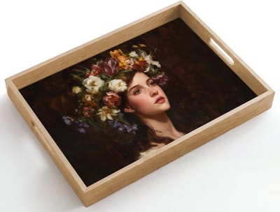 Dienblad hout 50x35 cm - Schootdienblad - Portret - Vrouw - Bloemen - Borrelplank rechthoek - Plateau dienbladen
