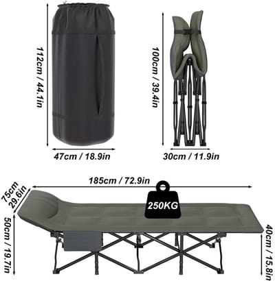 Opvouwbaar campingbed veldbed met zijtas draagbaar 185x75cm stevig metalen frame outdoor