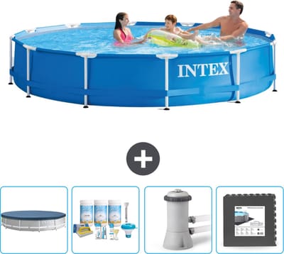 Intex Rond Frame Zwembad - 366 x 76 cm - Blauw - Inclusief Afdekzeil - Onderhoudspakket - Zwembadfilterpomp - Vloertegels