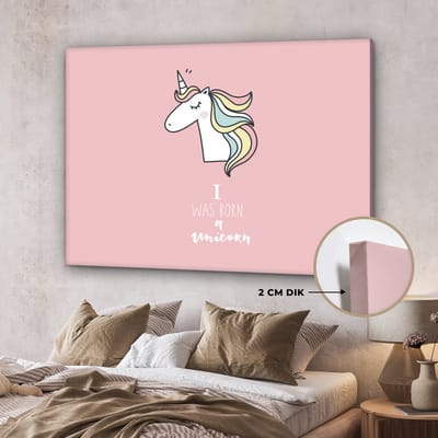 Canvas schilderij kinderen - Muurdecoratie kinderkamer - Unicorn - I was born a unicorn - Quotes - Roze - Spreuken - Wanddecoratie meisjes - Canvasdoek kinderen - 160x120 cm