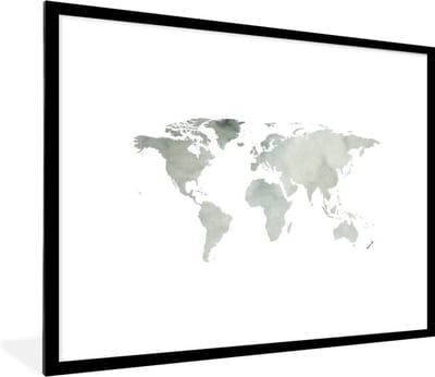 Poster in lijst - Fotolijst 80x60 cm - Posters - Wereldkaart - Groen - Wit - Posterlijst zwart - Decoratie - Wanddecoratie woonkamer - Muurdecoratie slaapkamer