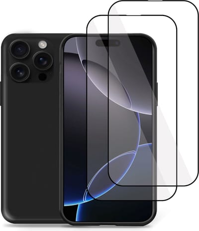 Hoesje + 2x Screenprotector geschikt voor Apple iPhone 16 Pro – Full Screen Tempered Glass - Liquid Back Case Cover Zwart