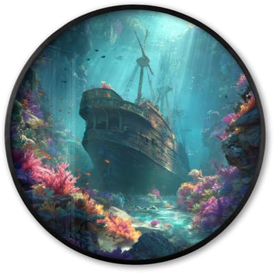 Poster in lijst Rond - Fotolijst 60x60 cm - Posters - Schip - Hout - Koraalriffen - Zonlicht - Ronde posterlijst zwart - Decoratie - Wanddecoratie woonkamer - Muurdecoratie slaapkamer