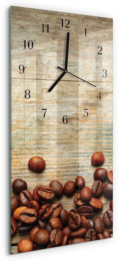 Tulup Wandklok - Koffiebonen Hout Gekleurde Glazen Klok - 30x60 cm - Bruin Glazen Klok Met Print - Zwarte Handen - Rechthoekige Wandklok - Wandklok Glas Met Motief - Decoratieve Glazen Klok