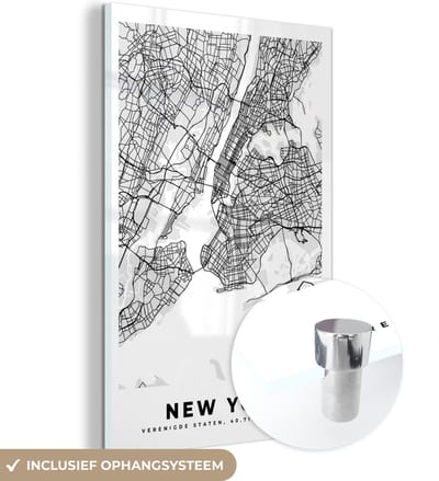 MuchoWow® Glasschilderij 120x180 cm - Schilderij acrylglas - New York - Stadskaart - Zwart Wit - Plattegrond - Kaart - Foto op glas - Schilderijen