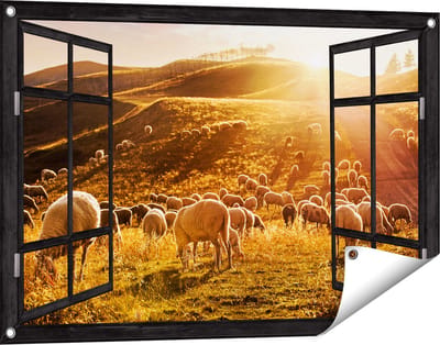 Gards Tuinposter Doorkijk Schapen in de Heuvels bij Zonsondergang - 90x60 cm - Tuindoek - Tuindecoratie - Wanddecoratie buiten - Tuinschilderij