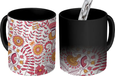 Magische Mok - Foto op Warmte Mokken - Koffiemok - Bloemen - Design - Roze - Oranje - Magic Mok - Beker - 350 ML - Theemok