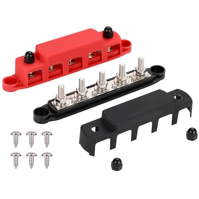 1 paar M8 (5/16") stroomverdeelblok met 5 noppen, 5-weg 12-48V heavy-duty busbar, positief en negatief