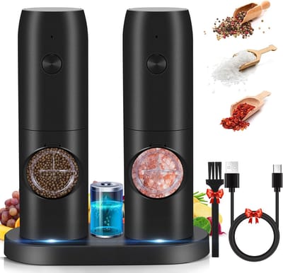 LotaHome - Elektrische Zout en Peper Molen Set - Automatisch en Oplaadbaar - Pepermolen - Zoutmolen - Luxe Peper en Zout Molen Set - Instelbare Grofheid - Navulbaar - Met Verlichting - Inclusief Zoutpotje, Borsteltje en Adapter - Cadeau