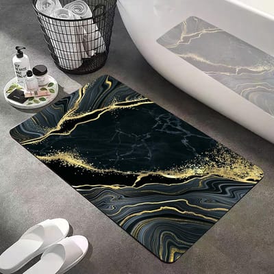 Absorberend Marmeren Badkamertapijt Zwart met Gouden Accent - Sneldrogend en Antislip