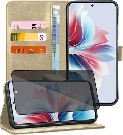 Hoesje geschikt voor Oppo Reno 11F - Privacy Screenprotector Volledig Dekkend Glas - Portemonnee Book Case Goud