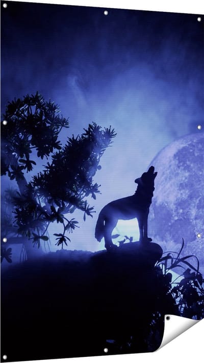 Gards Tuinposter Huilende Wolf in Silhouet bij Volle Maan - 100x150 cm - Tuindoek - Tuindecoratie - Wanddecoratie buiten - Tuinschilderij