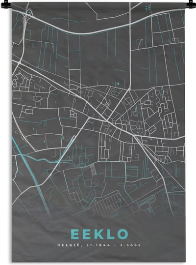 Wandkleed - Wanddoek - België – Eeklo – Stadskaart – Kaart – Blauw – Plattegrond - 120x180 cm - Wandtapijt