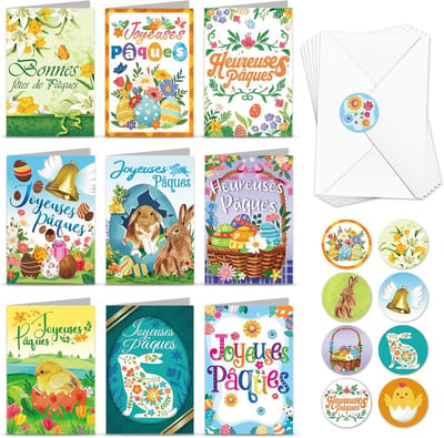 Set van 9 Franse Paaswenskaarten met Envelop en Stickers