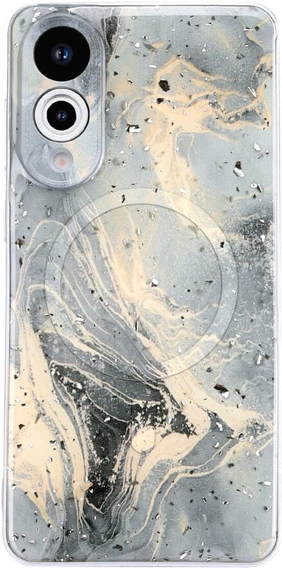 Casemania Hoesje Geschikt voor Samsung Galaxy S25 Edge - Grijs - Marmer Glitter Back Cover met Camera Bescherming - Geschikt voor MagSafe