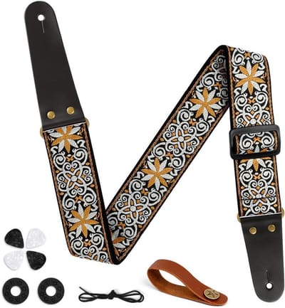 Geborduurde gitaarriem van 2 inch met lederen uiteinden - Vintage design met Str-aps-knoppen, Str-ap sloten en plectrums