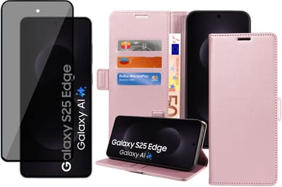 Book Case & Privacy Screenprotector geschikt voor Samsung Galaxy S25 Edge Hoesje Screenprotector - Privé - Gehard Glas Cover - Magnetische Sluiting - Portemonnee Rose