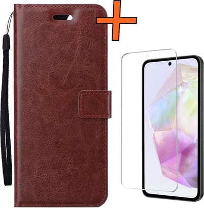 Hoes - Met Screenprotector - Geschikt voor Samsung Galaxy A35 - Luxe Pasjeshouder - Bookcase Portemonee - Flip Case - Kunstleer Book Case - Flipcase - Book Cover - Walletcase - PortemonneeHoes - Bruin