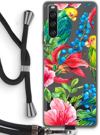 Case Company® - Hoesje met koord geschikt voor Sony Xperia 10 IV hoesje met Koord - Papegaaien - Telefoonhoesje met Zwart Koord - Bescherming aan alle Kanten en Over de Schermrand