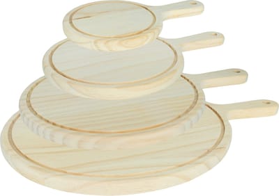 Krumble Serveerplank rond - Set van 4 - Hout - Tapasplank - Borrelplank - Kaasplank - Hapjesplanken - Landelijk - Rond - 15 cm (d) - 20 cm (d) - 25 cm (d) - 30 cm (d) - Lichtbruin