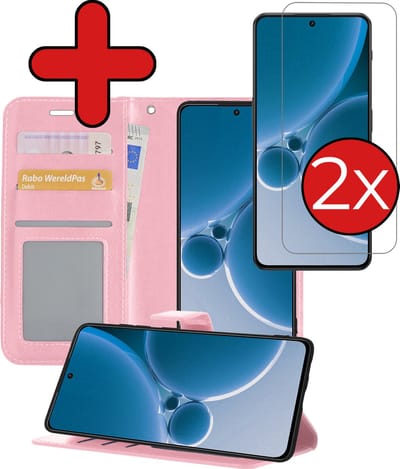 Hoesje - Met 2x Screenprotector - Geschikt voor OnePlus Nord 3 - Luxe Pasjeshouder - Flip Case - Bookcase Portemonee - Kunstleer Book Case - Flipcase Hoes - Book Cover - Walletcase - Portemonneehoes - Telefoonhoes - Lichtroze