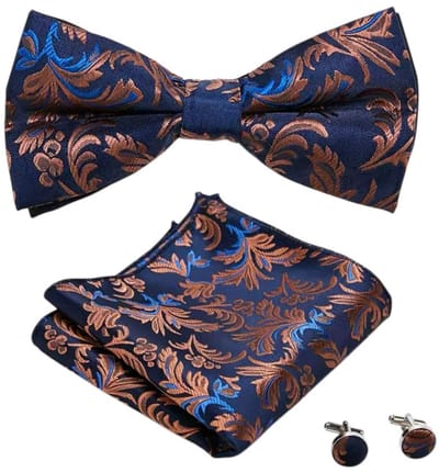 Fako Fashion - Vlinderstrik, Pochette & Manchetknopen - Vlinderdas - Strikje - Pochet - Paisley Blauw/Bruin