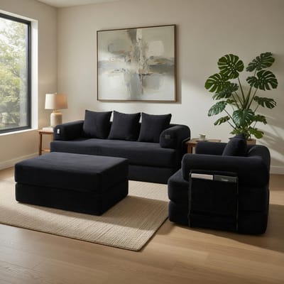 Komhtom - Modulaire 4-zits corduroy-compressiebank inclusief poef - met stevig metalen frame, zijvak en 4 comfortabele kussens - vulling van schuim met hoge dichtheid - vrij te combineren en veelzijdig inzetbaar
