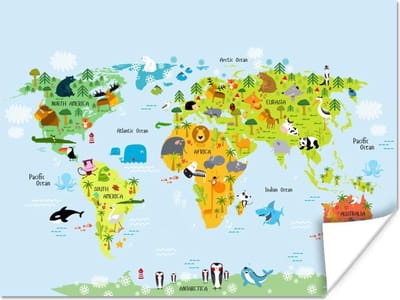 Wereldkaart kinderen - Illustraties - Kleuren - 160x120 cm - Poster