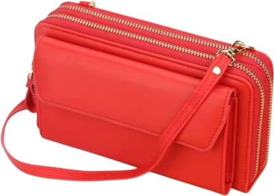 Dames Lange Portemonnee Crossbody Tas - Grote Capaciteit Clutch met Dubbele Rits, Schoudertas voor Mobiele Telefoon en Kaarten - Rood