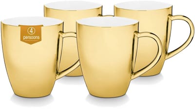 vtwonen - Set van 4 - Extra Grote Mokken met Oor - Goud - Porselein - 425ml