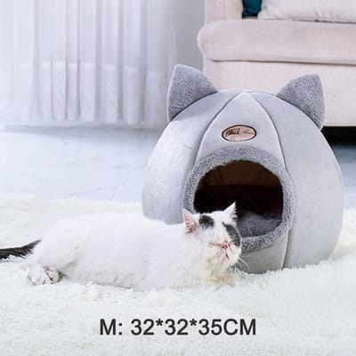 Tente pour animaux de compagnie, lit grotte pour chats/petits chiens, tente 2 en 1 auto-chauffante en velours pour chat/lit pour chaton/cabane pour chat avec M gris
