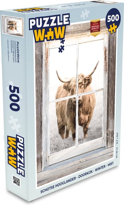 Puzzel Schotse hooglander - Doorkijk - Winter - Mist - Legpuzzel - Puzzel 500 stukjes